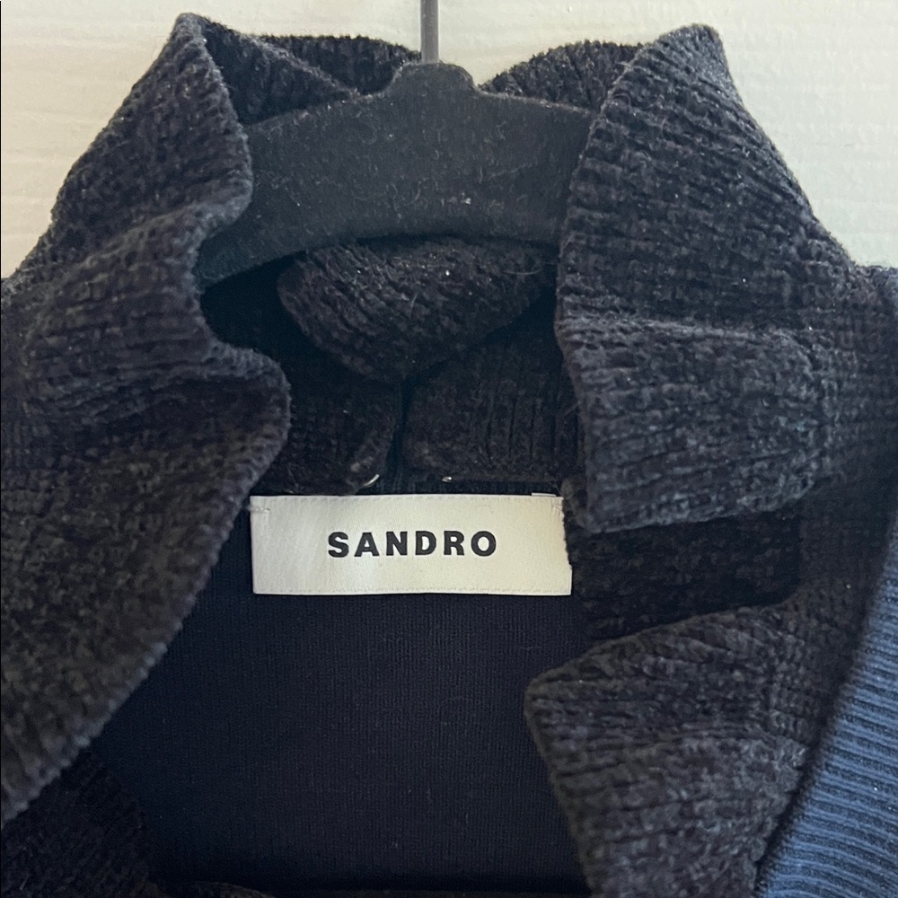 Sandro Navy Sweater with Gold Button Accents and a Black Chenille Collar - Picture 3 of 4